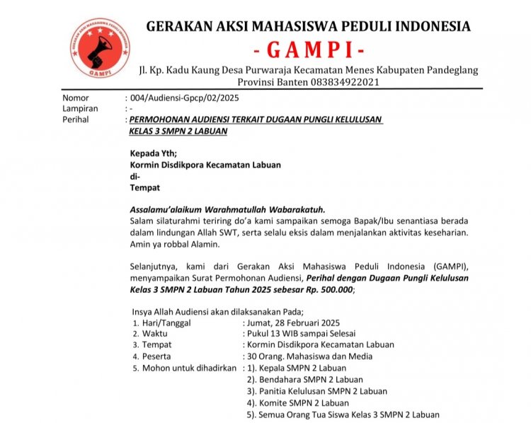 Aktivis Gampi, Layangkan Surat Audiensi Terkait Pungli Perpisahan SMPN 2 Labuan, dan Akan Lakukan Unras