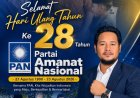Dede Abdurrahman, Ketua BPC HIPKA Pandeglang Sampaikan Dirgahayu Partai Amanat Nasional (PAN) Ke-28 Tahun 2026